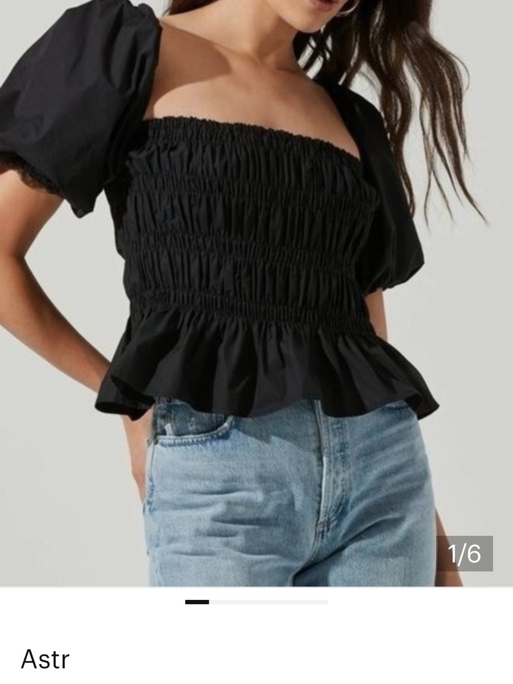 NWOT-Astr Black Smocked Peplum Blouse with Puff Sleeves